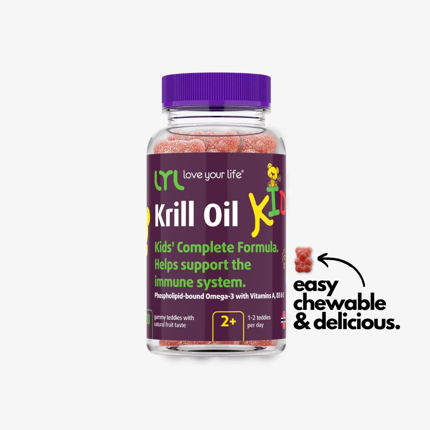 LYL Krill Oil Kids Gummy Bears with Vitamins D3, E, A - Omega 3 for Growth & Development - Orange, Apple & Raspberries Taste - Pack of 60
