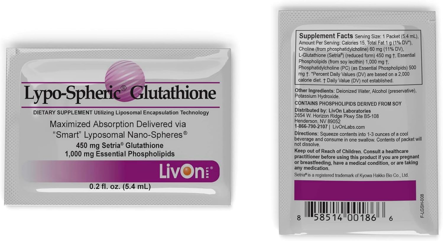 Lypo-Spheric Glutathione 30 Packets - 450mg per Packet - Maximum Bioavailability - Non-GMO - Professionally Formulated