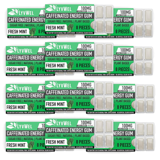 LyvWel Energy Gum | 100mg Caffeine | All Natural Sugar-Free Pre-Workout Boost | Mint Flavor | 12 Pack Carton