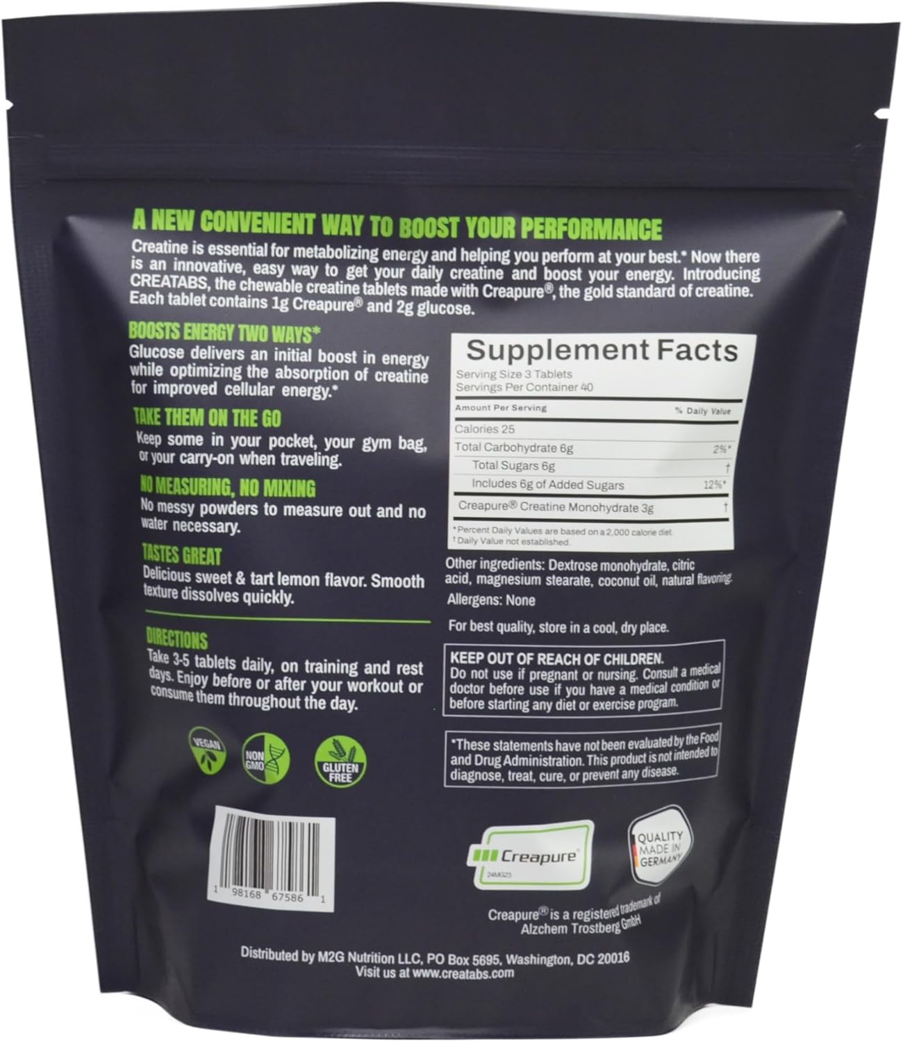M2G Nutrition Creapure Creatine Chewable Tabs - 120 Natural Lemon Flavor Tabs