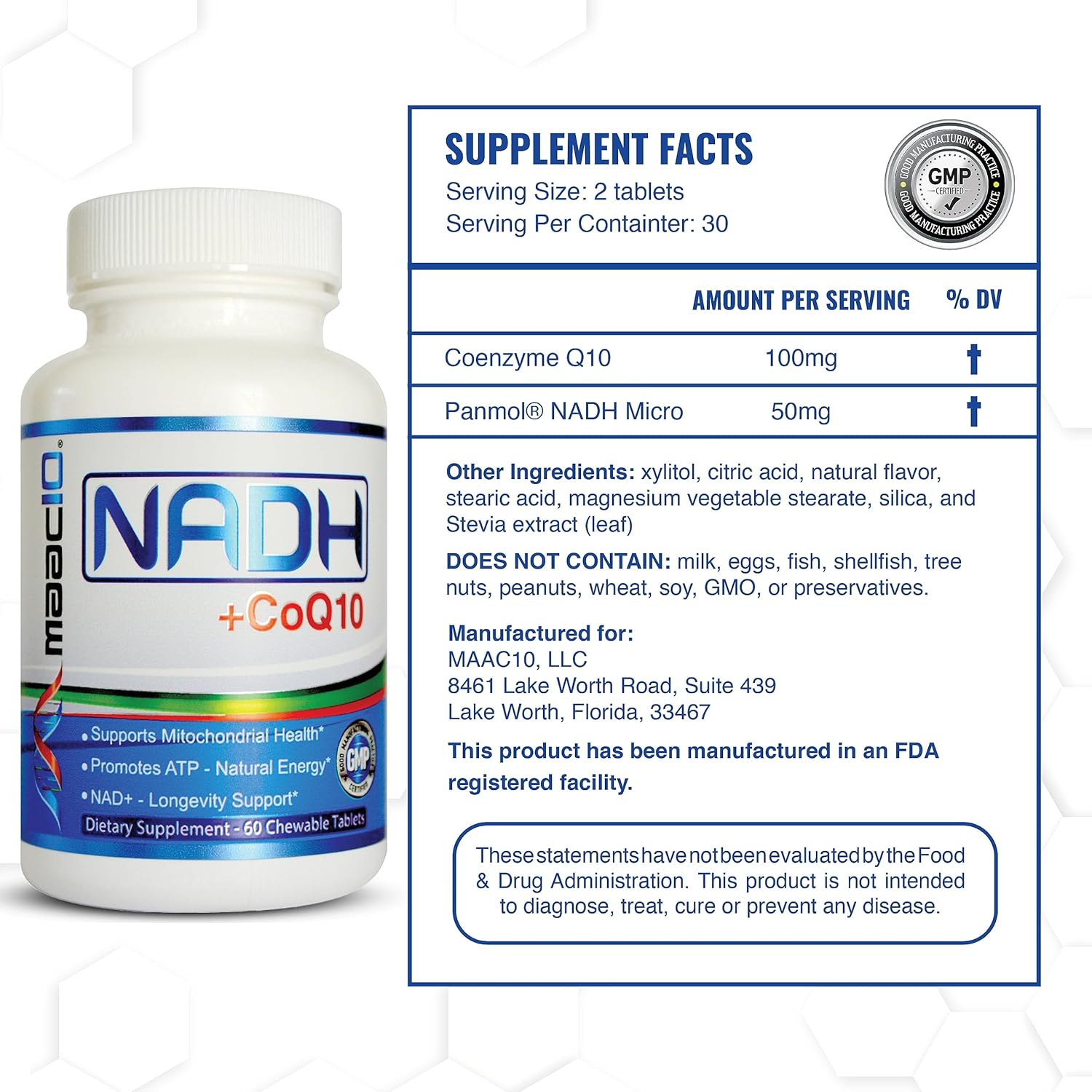 MAAC10 NADH and CoQ10 Chewable Tablets for Energy and Focus - 60 Tablets (2 per Serving)
