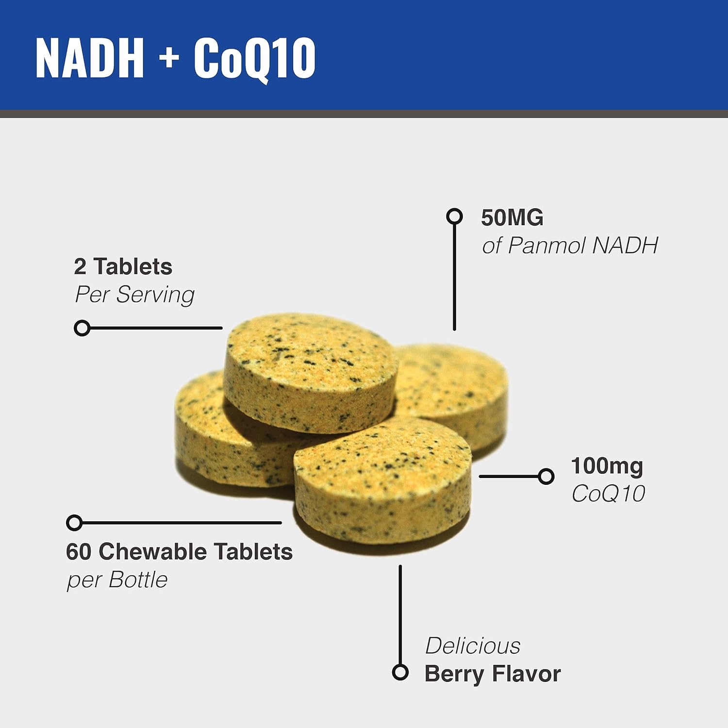 MAAC10 NADH and CoQ10 Chewable Tablets for Energy and Focus - 60 Tablets (2 per Serving)