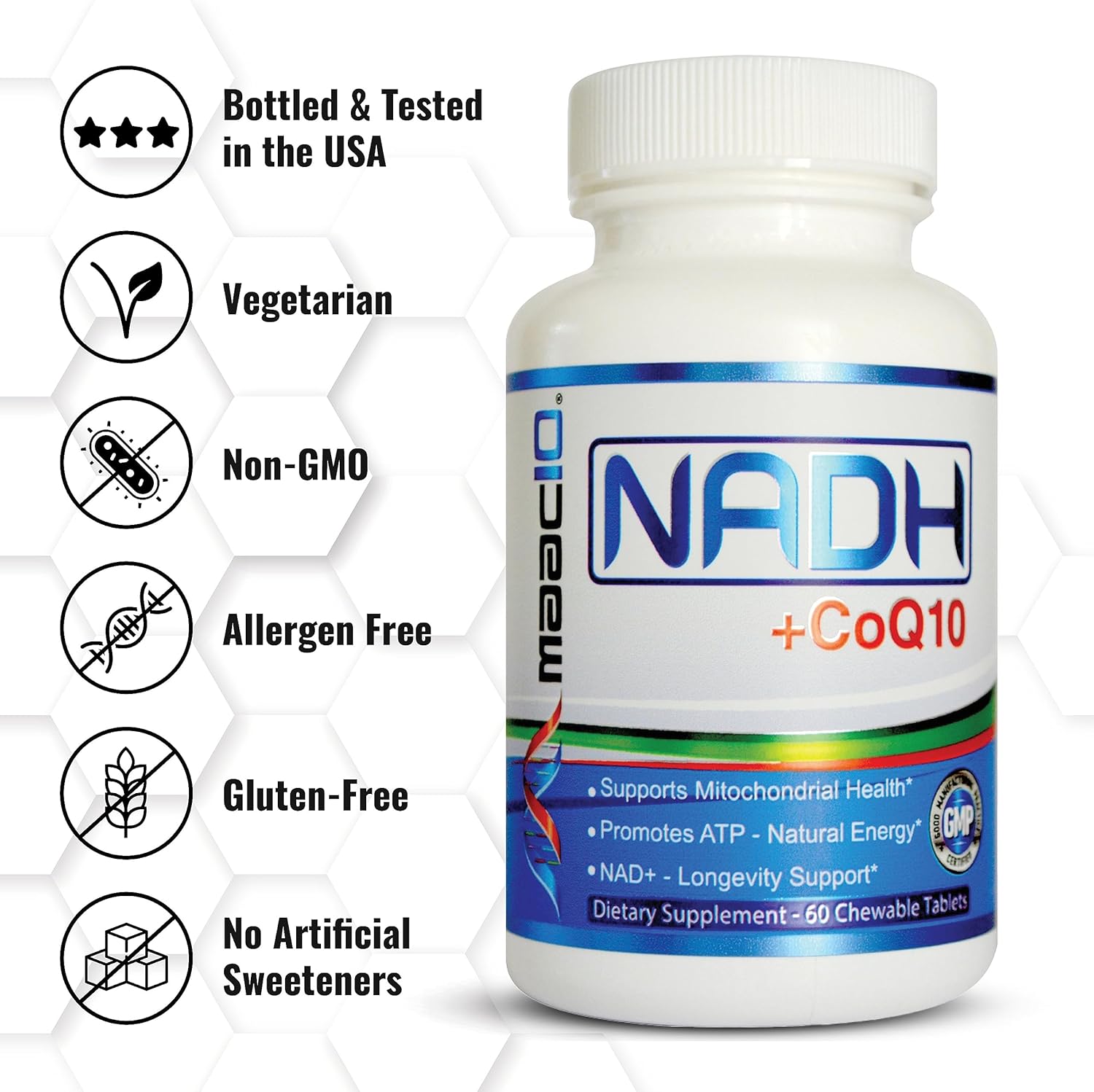 MAAC10 NADH and CoQ10 Chewable Tablets for Energy and Focus - 60 Tablets (2 per Serving)