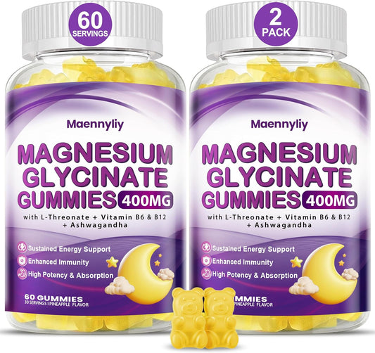Maennyliy Magnesium Glycinate 400mg Gummies for Adults - High Bioavailability with Magnesium L-Threonate, Ashwagandha, Beetroot - Night Rest, Mood, Muscle Support Supplement