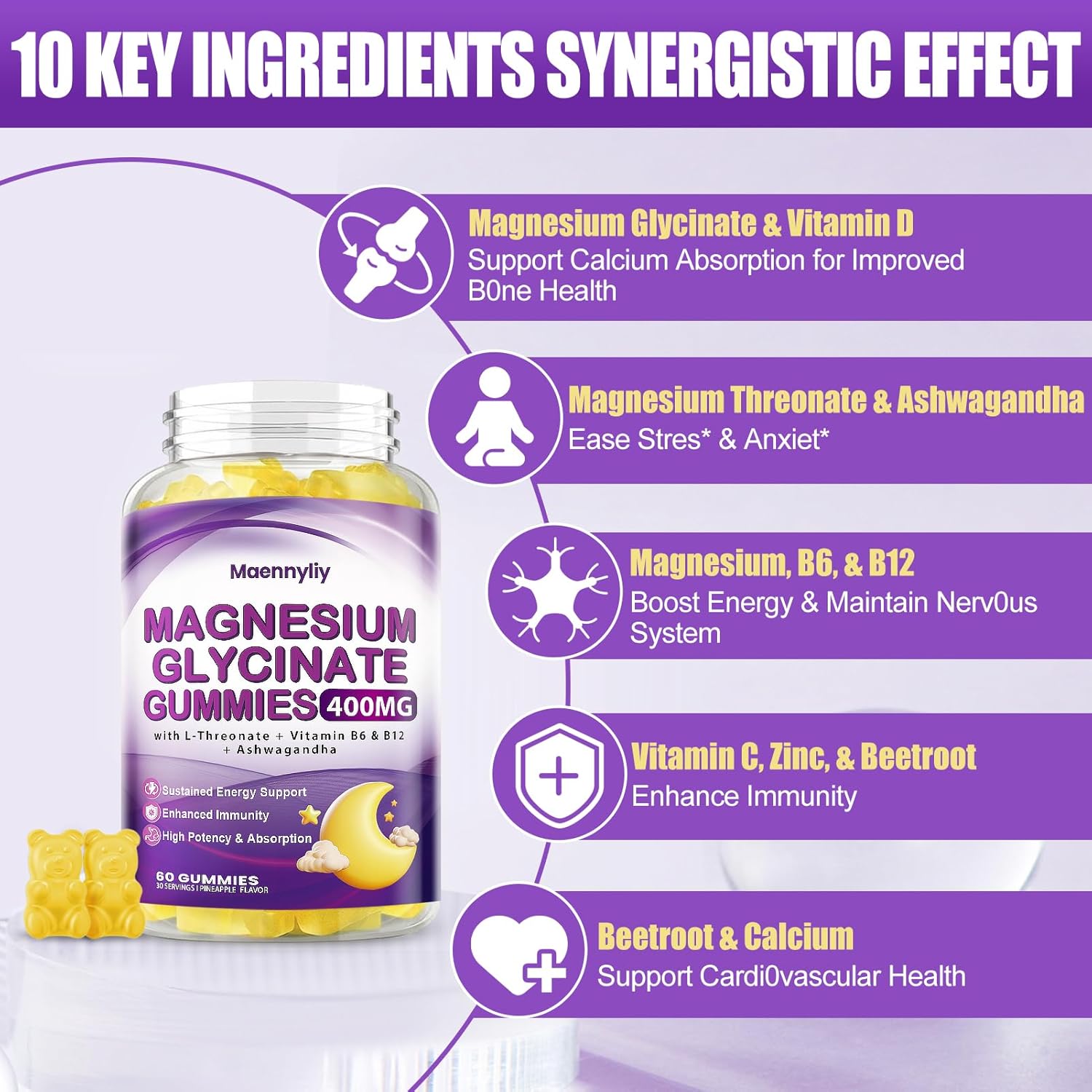 Maennyliy Magnesium Glycinate 400mg Gummies for Adults - High Bioavailability with Magnesium L-Threonate, Ashwagandha, Beetroot - Night Rest, Mood, Muscle Support Supplement