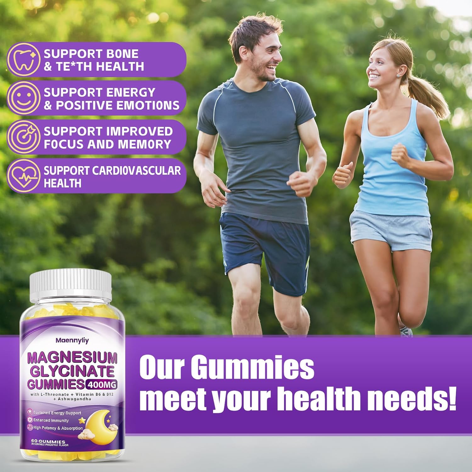 Maennyliy Magnesium Glycinate 400mg Gummies for Adults - High Bioavailability with Magnesium L-Threonate, Ashwagandha, Beetroot - Night Rest, Mood, Muscle Support Supplement