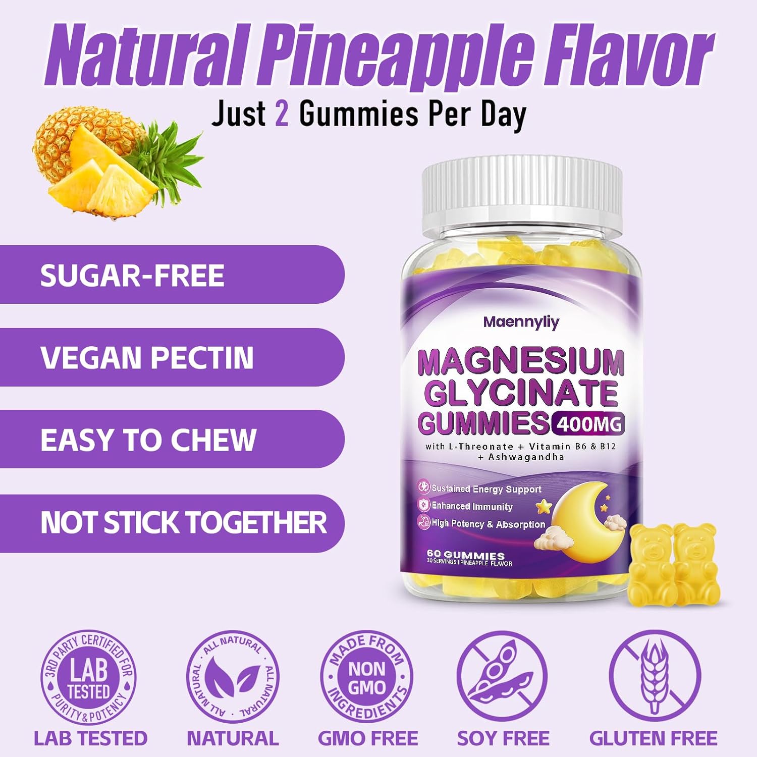 Maennyliy Magnesium Glycinate 400mg Gummies for Adults - High Bioavailability with Magnesium L-Threonate, Ashwagandha, Beetroot - Night Rest, Mood, Muscle Support Supplement