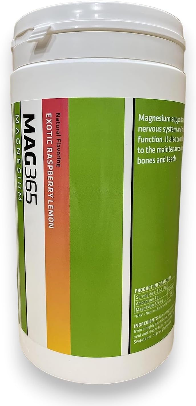 MAG365 Ionic Magnesium Citrate for Healthy Metabolism, Bone Development, Teeth, and Muscle Function - Raspberry Lemon Flavor, 450g