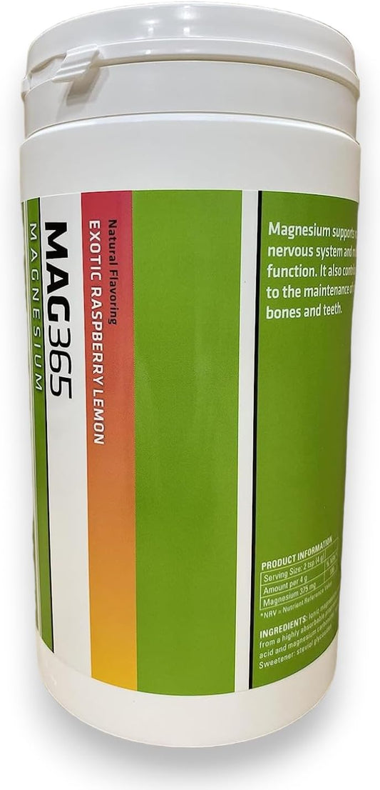 MAG365 Ionic Magnesium Citrate for Healthy Metabolism, Bone Development, Teeth, and Muscle Function - Raspberry Lemon Flavor, 450g