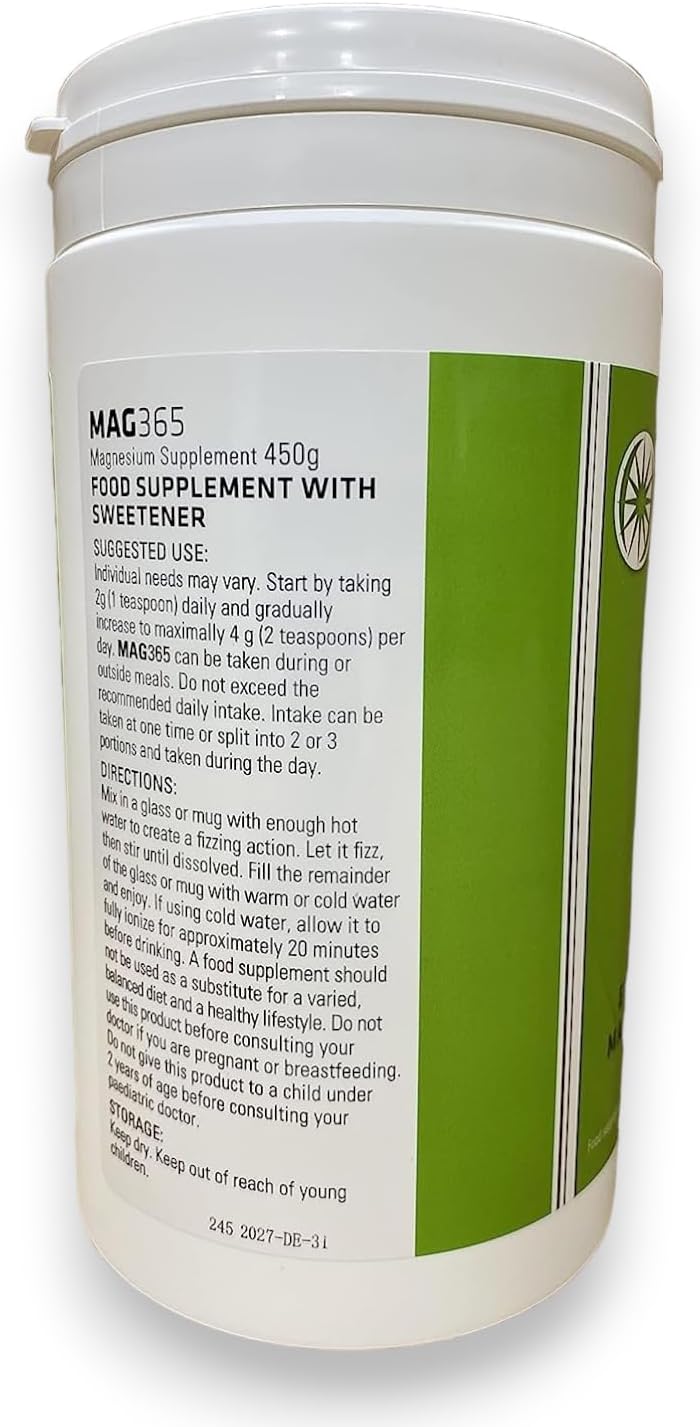 MAG365 Ionic Magnesium Citrate for Healthy Metabolism, Bone Development, Teeth, and Muscle Function - Raspberry Lemon Flavor, 450g