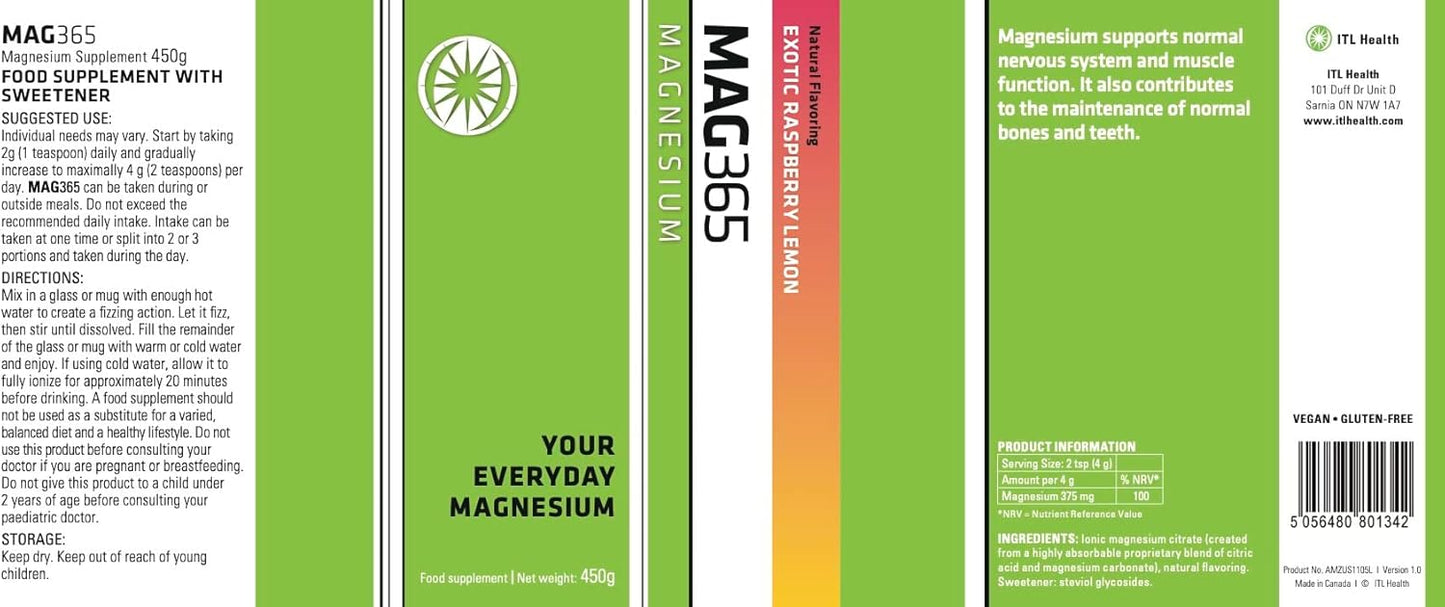 MAG365 Ionic Magnesium Citrate for Healthy Metabolism, Bone Development, Teeth, and Muscle Function - Raspberry Lemon Flavor, 450g