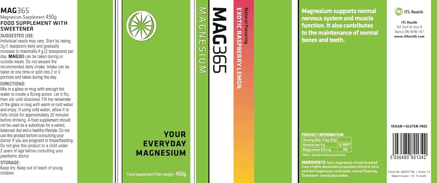 MAG365 Ionic Magnesium Citrate for Healthy Metabolism, Bone Development, Teeth, and Muscle Function - Raspberry Lemon Flavor, 450g