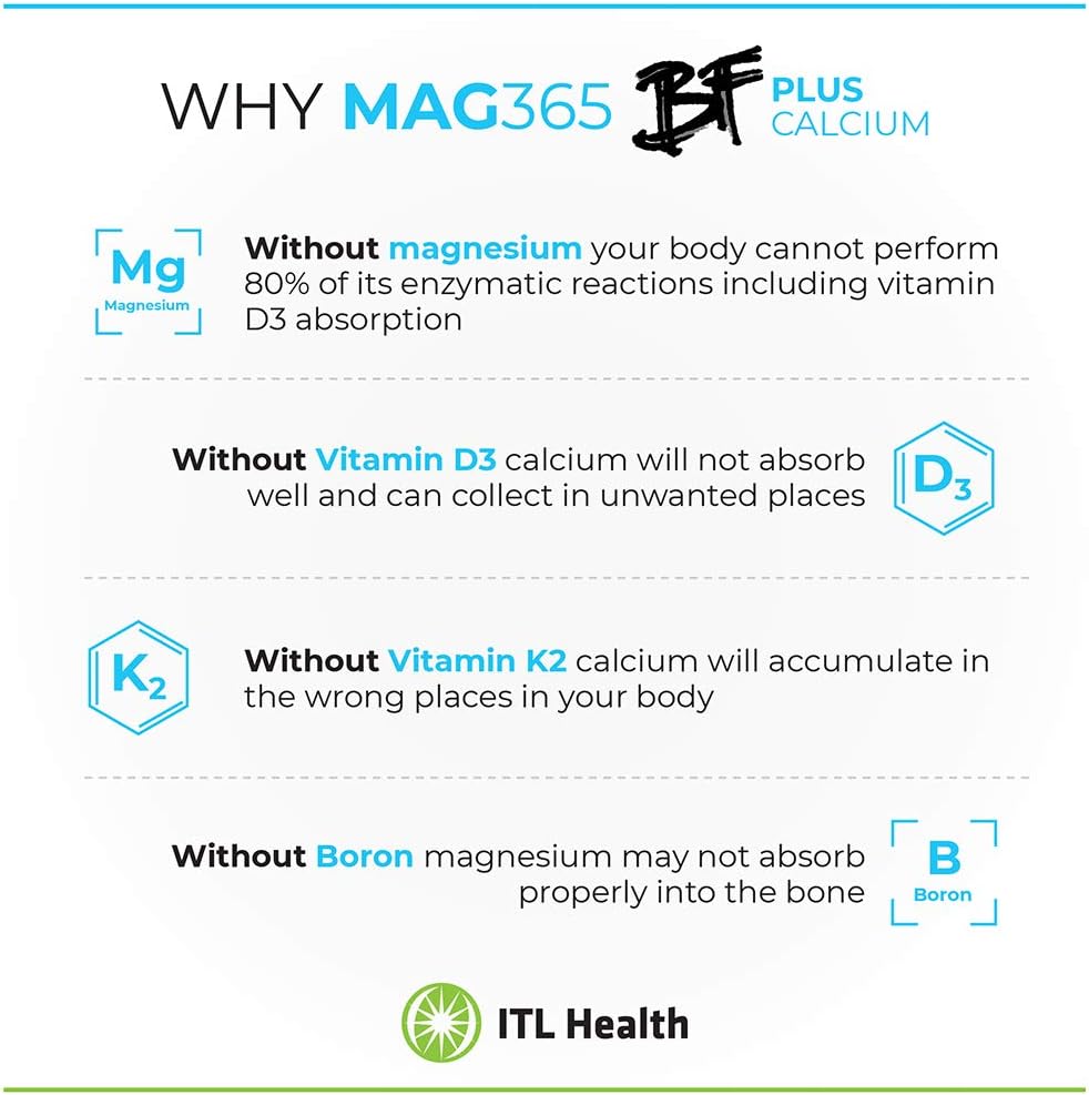 MAG365 ITL Health BF Plus Calcium - Ionic Magnesium Citrate Powder with Vitamin K2 D3 - Natural Citrus Flavor - Bone Support Formula
