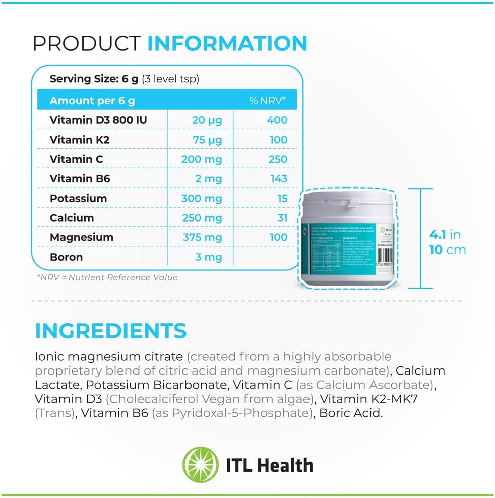 MAG365 ITL Health BF Plus Calcium - Ionic Magnesium Citrate Powder with Vitamin K2 D3 - Natural Citrus Flavor - Bone Support Formula