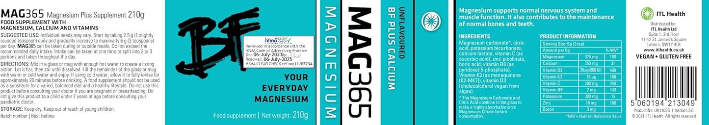 MAG365 ITL Health BF Plus Calcium - Ionic Magnesium Citrate Powder with Vitamin K2 D3 - Natural Citrus Flavor - Bone Support Formula