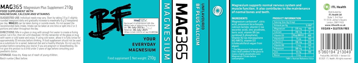 MAG365 ITL Health BF Plus Calcium - Ionic Magnesium Citrate Powder with Vitamin K2 D3 - Natural Citrus Flavor - Bone Support Formula