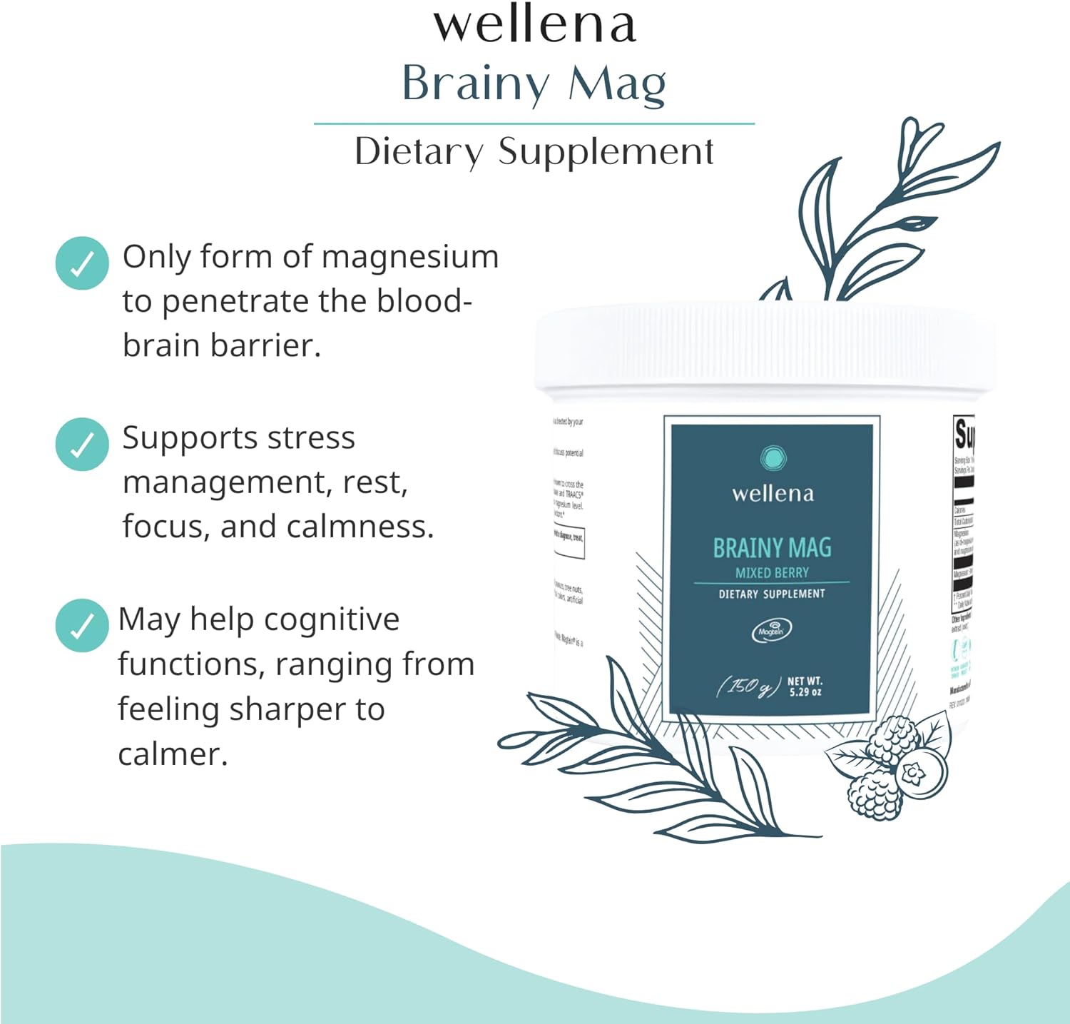 Magdalena's Wellena Brainy Mag: Magnesium L-Threonate Supplement, Mixed Berry Flavor - 60 Servings