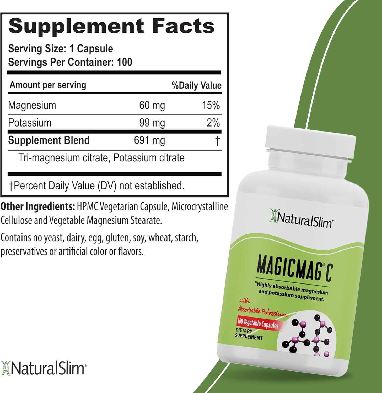 MagicMag C Magnesium Citrate Supplement - 100 Capsules for Sleep, Heart Health, Muscle Cramps - Gluten-Free Formula - NaturalSlim Potassium Magnesium
