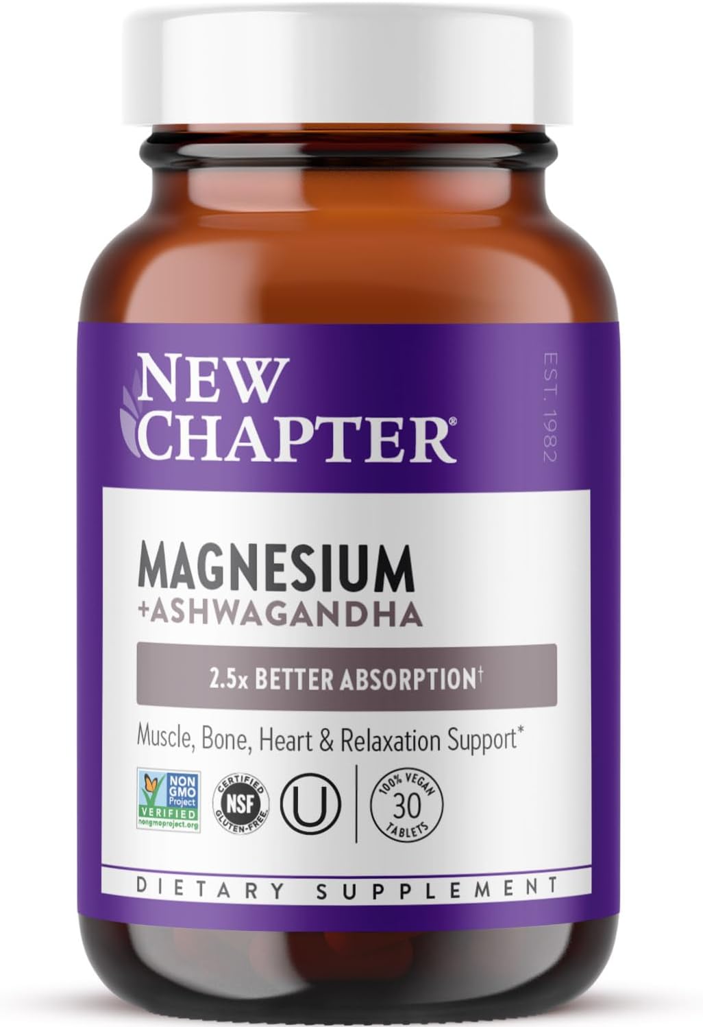 Magnesium + Ashwagandha Supplement 325mg - Promotes Calm & Relaxation, Muscle Recovery, Heart & Bone Health - High Absorption Formula - 30ct