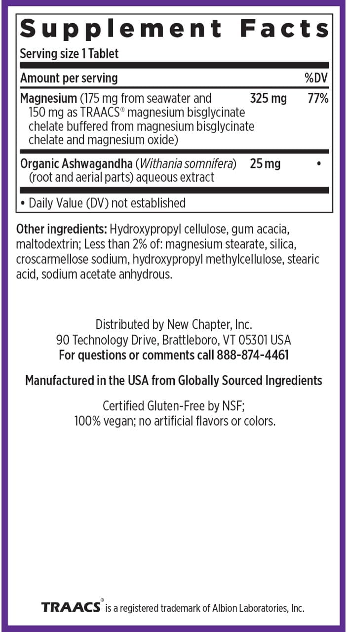 Magnesium Ashwagandha Supplement with Glycinate for Muscle Recovery, Heart & Bone Health - Gluten Free, Non-GMO - 60 ct
