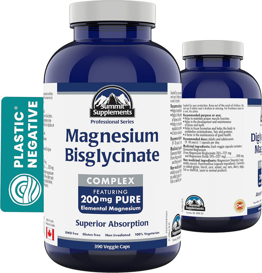 Magnesium Bisglycinate Complex 200mg - 390 Veggie Caps - Supports Bone Health, Muscle Function, and Tissue Formation