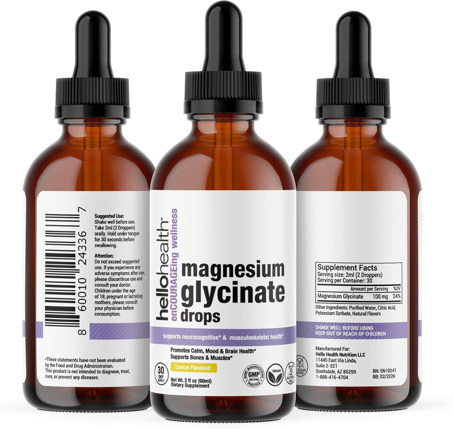 Magnesium Bisglycinate Liquid Supplement for Natural Calm & Joint Support - Lemon Flavor - 100 mg - Women, Men, Kids - Muscle Recovery - 30 Days
