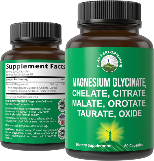 Magnesium Complex Supplement with 7 Forms for Peak Performance - 500mg Capsules for Sleep, Leg Cramps, and Muscles - Men & Women Formula