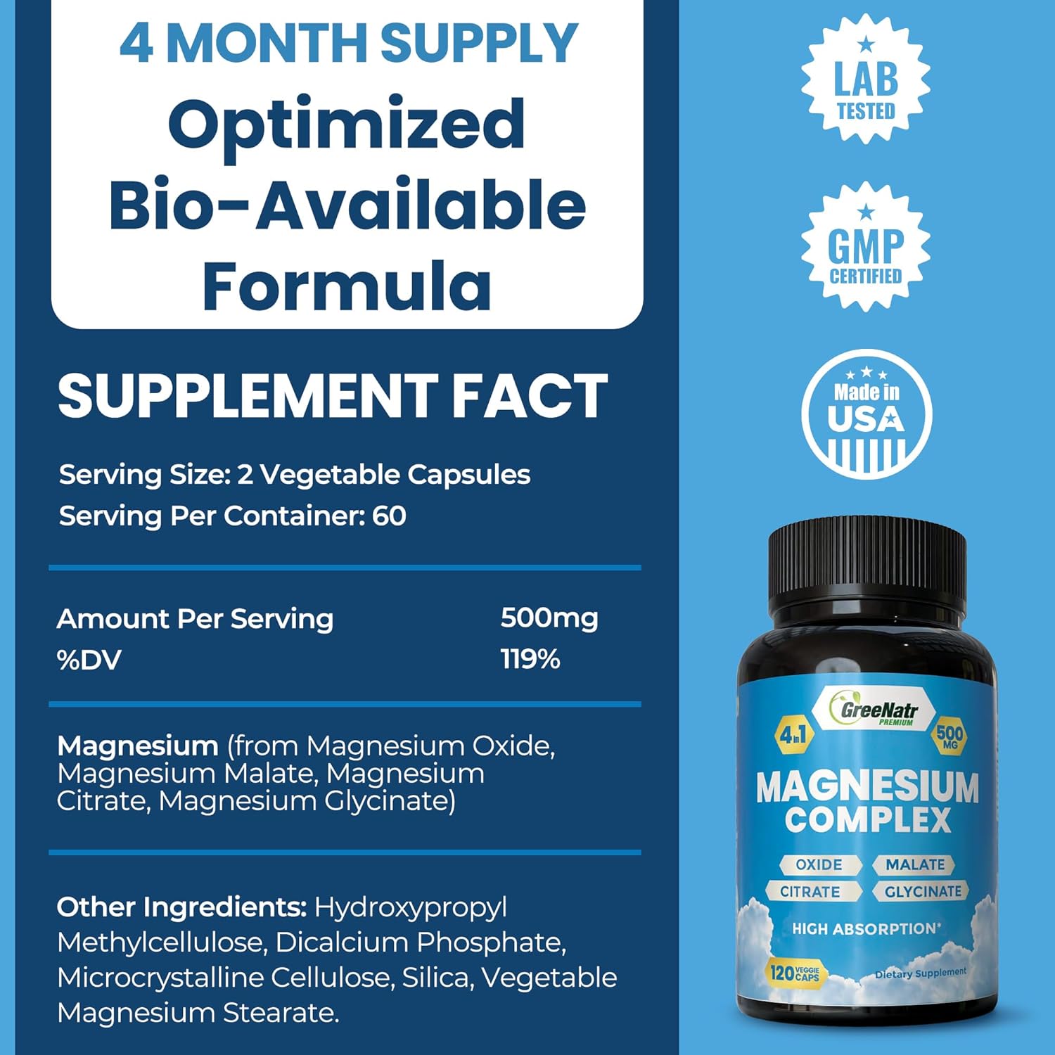 Magnesium Complex Supplement with Glycinate, Citrate, Malate & Oxide - Tablets for Digestion, Sleep, Heart Health, & Energy - 120 CountMagnesium Vitamins
