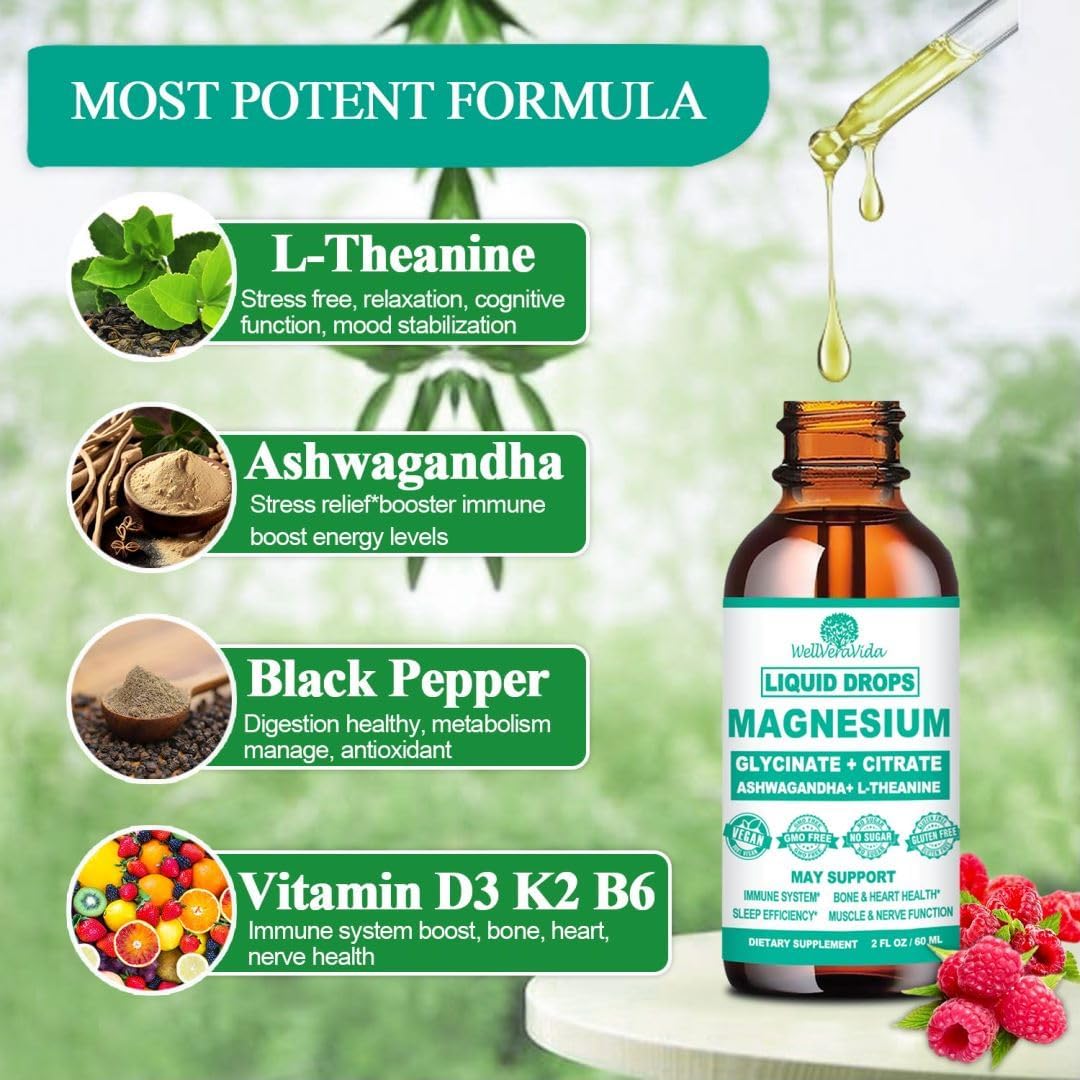 Magnesium Glycinate Complex Supplement with Vitamin D3, K2, B6, Ashwagandha, and L-Theanine for Immune, Sleep, Mood, and Nerve Health