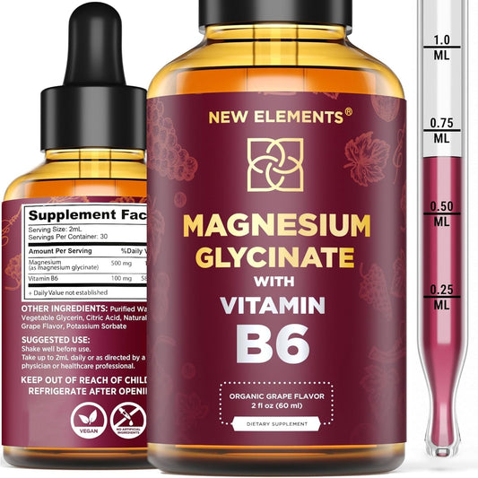 Magnesium Glycinate Drops with Vitamin B6 - 500mg & 100mg Magnesium Supplement for Stress Relief, Sleep, Muscle & Heart Support - Non-GMO, Gluten-Free, Natural & Vegan