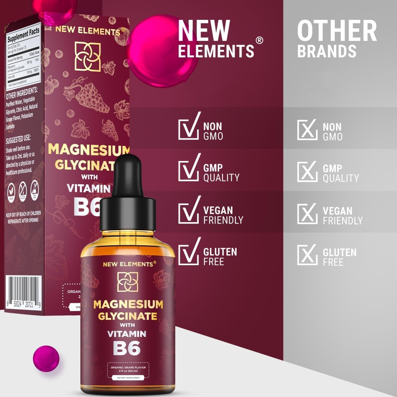 Magnesium Glycinate Drops with Vitamin B6 - 500mg & 100mg Magnesium Supplement for Stress Relief, Sleep, Muscle & Heart Support - Non-GMO, Gluten-Free, Natural & Vegan