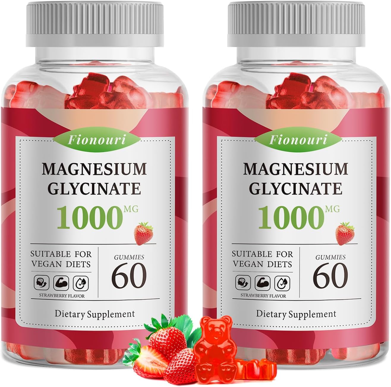 Magnesium Glycinate Gummies 1000mg with Potassium, Vitamin D, B6, CoQ10 - Adult Supplement for Mood & Sleep - 120 Strawberry Gummies (2 Pack)