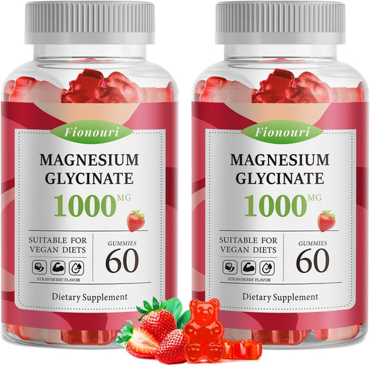Magnesium Glycinate Gummies 1000mg with Potassium, Vitamin D, B6, CoQ10 - Adult Supplement for Mood & Sleep - 120 Strawberry Gummies (2 Pack)