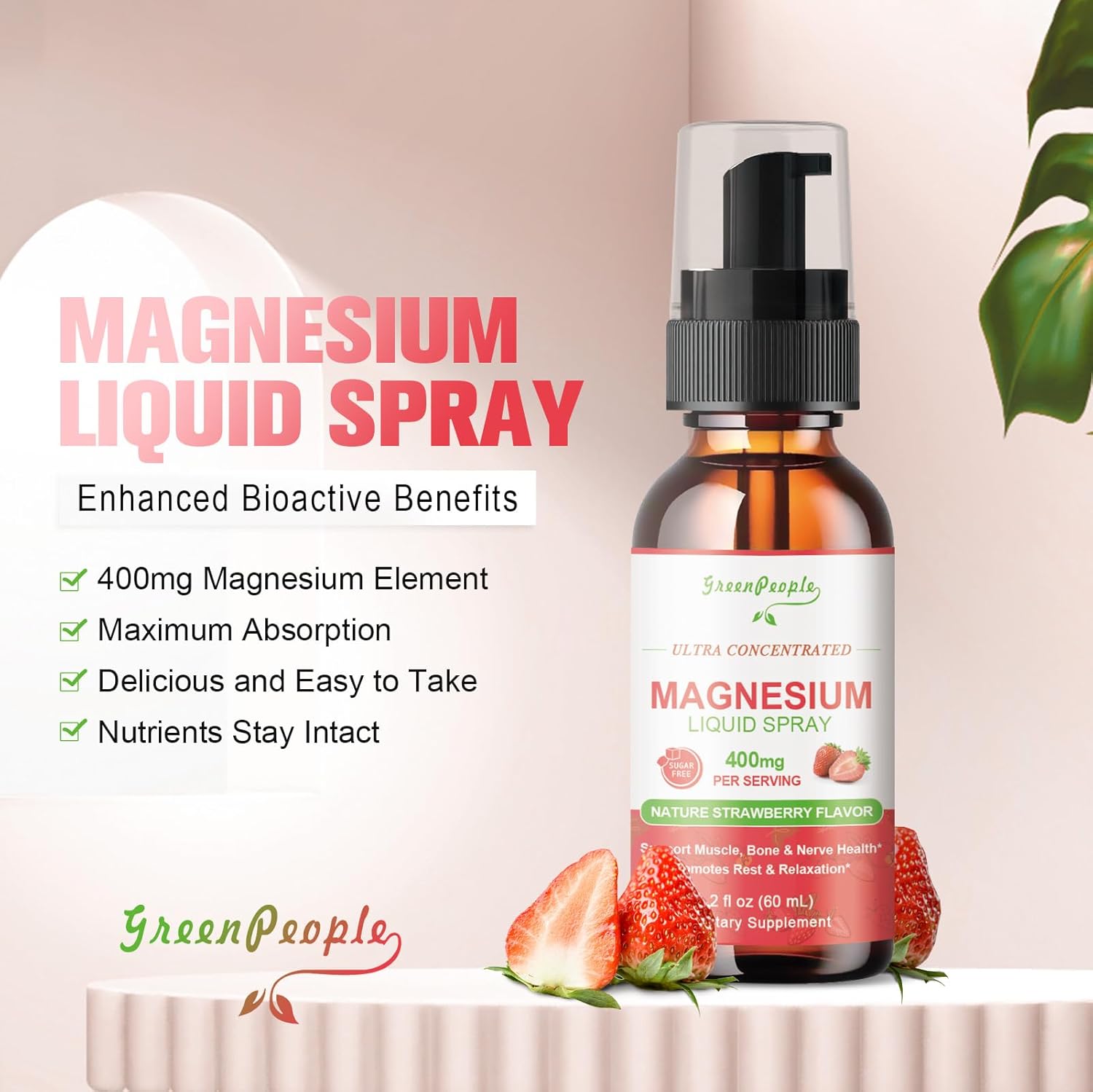 Magnesium Glycinate Liquid Spray 400mg with Potassium, Vitamin D3k2, B6 - Muscle, Bone & Sleep Support Formula by GREENPEOPLE 4 Fl Oz