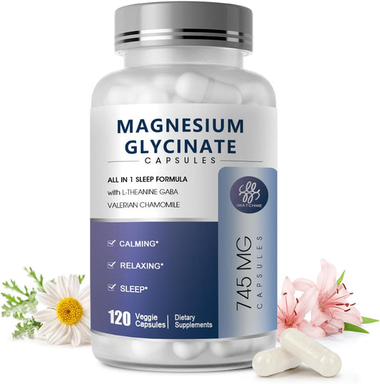 Magnesium Glycinate Supplement with L-Theanine, Chamomile & GABA for Sleep & Relaxation - Vegan, High-Absorption, 120 Capsules for Men & Women