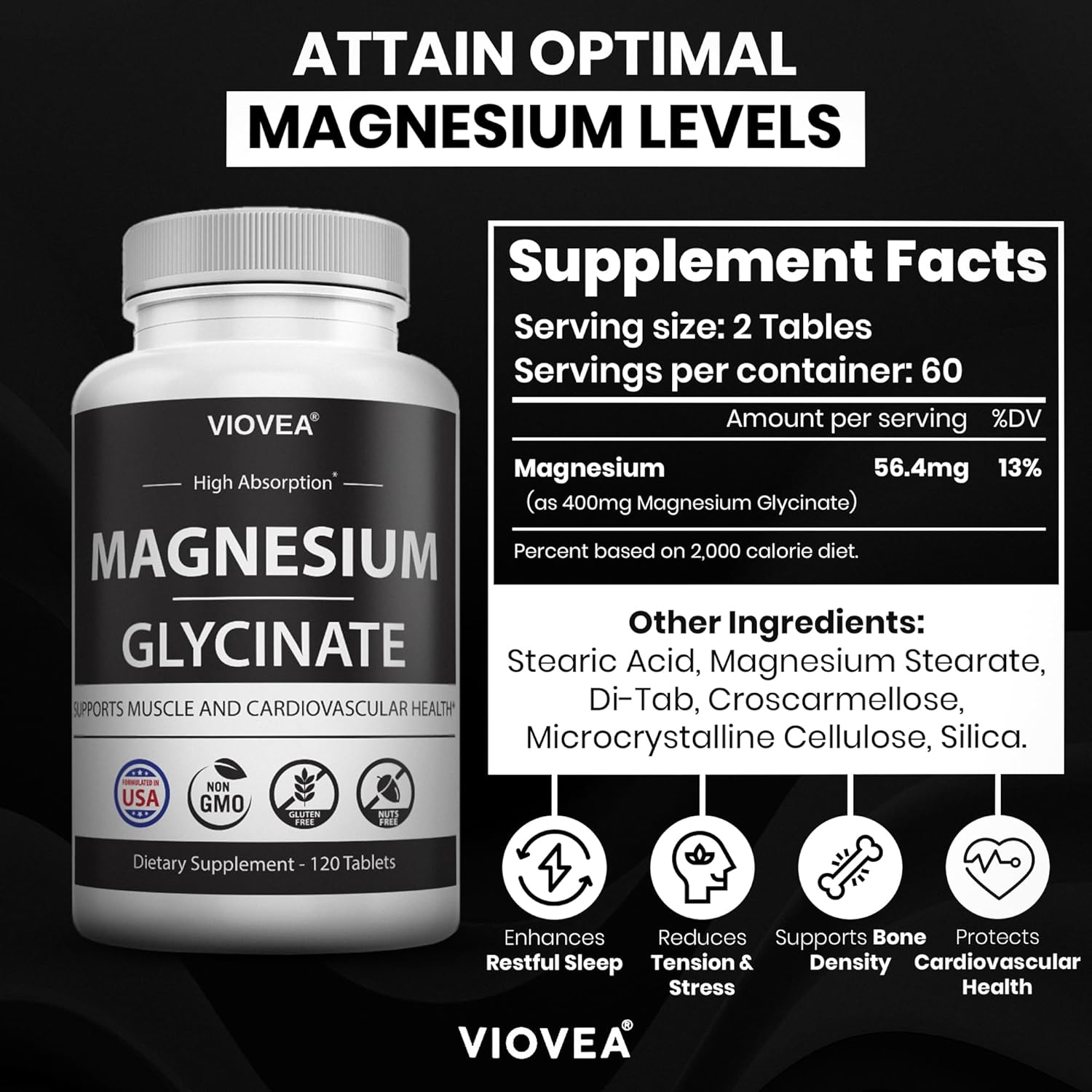 Magnesium Glycinate Tablets - 400mg per Serving, 120 Count, Made in USA, 100% Chelated for Better Absorption, Non-GMO, Gluten-Free - Supports Muscle, Bone, Heart Health