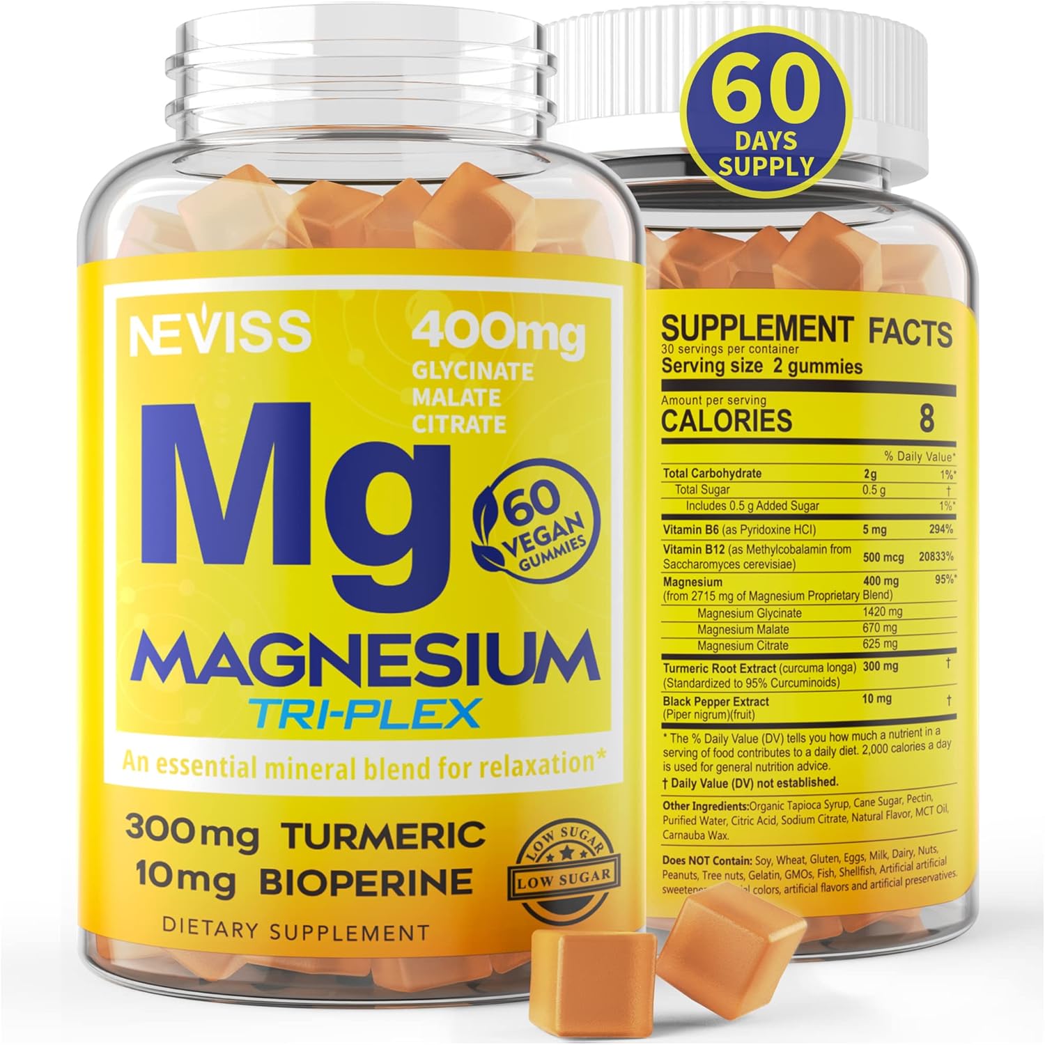Magnesium Gummies with Turmeric 300mg Complex | 400mg Glycinate, Malate, Citrate for Calm, Energy, Muscle Cramps - Vegan Chewable Supplement 120 Counts