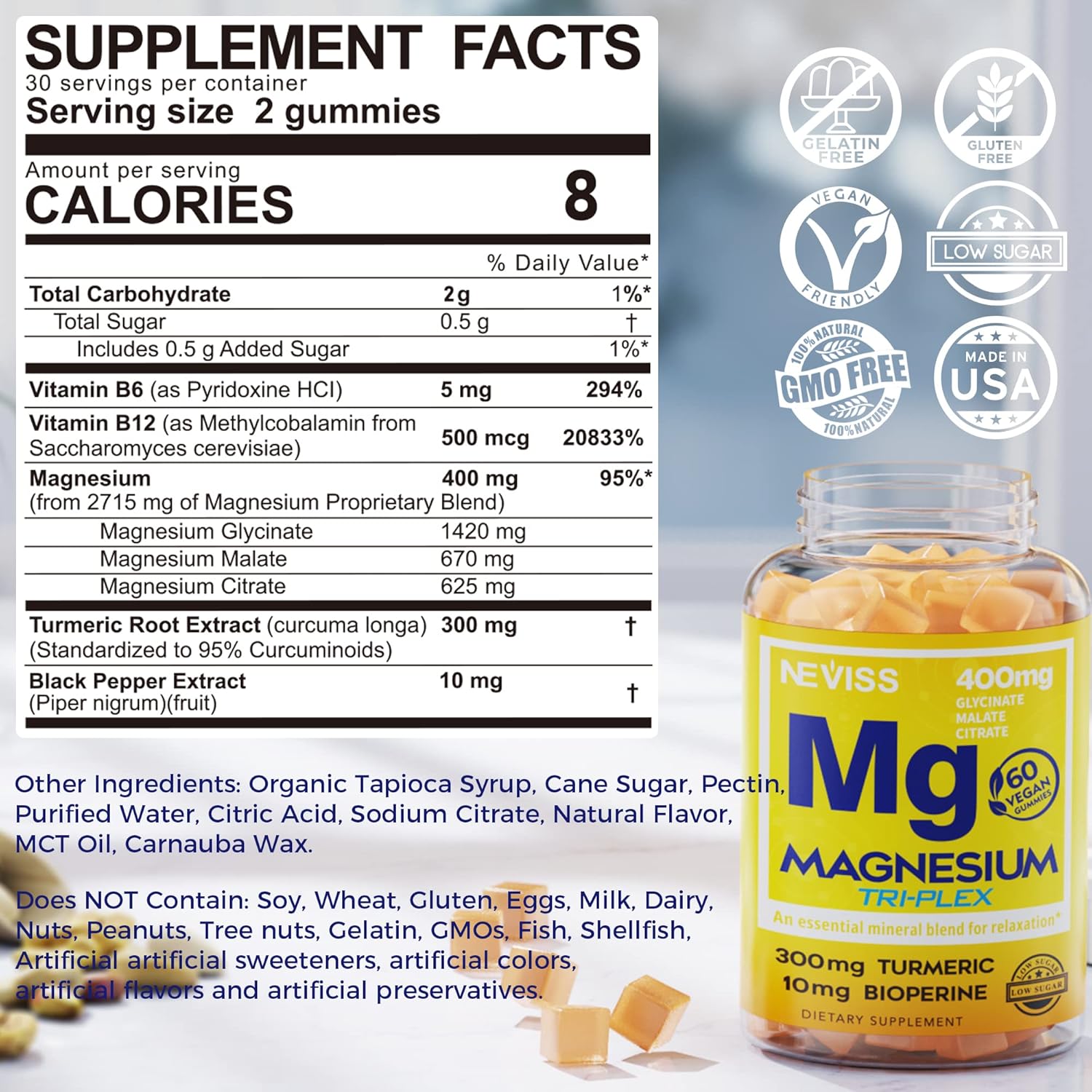 Magnesium Gummies with Turmeric 300mg Complex | 400mg Glycinate, Malate, Citrate for Calm, Energy, Muscle Cramps - Vegan Chewable Supplement 120 Counts