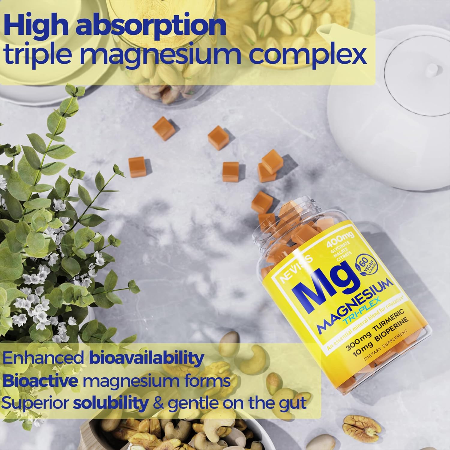 Magnesium Gummies with Turmeric 300mg Complex | 400mg Glycinate, Malate, Citrate for Calm, Energy, Muscle Cramps - Vegan Chewable Supplement 120 Counts