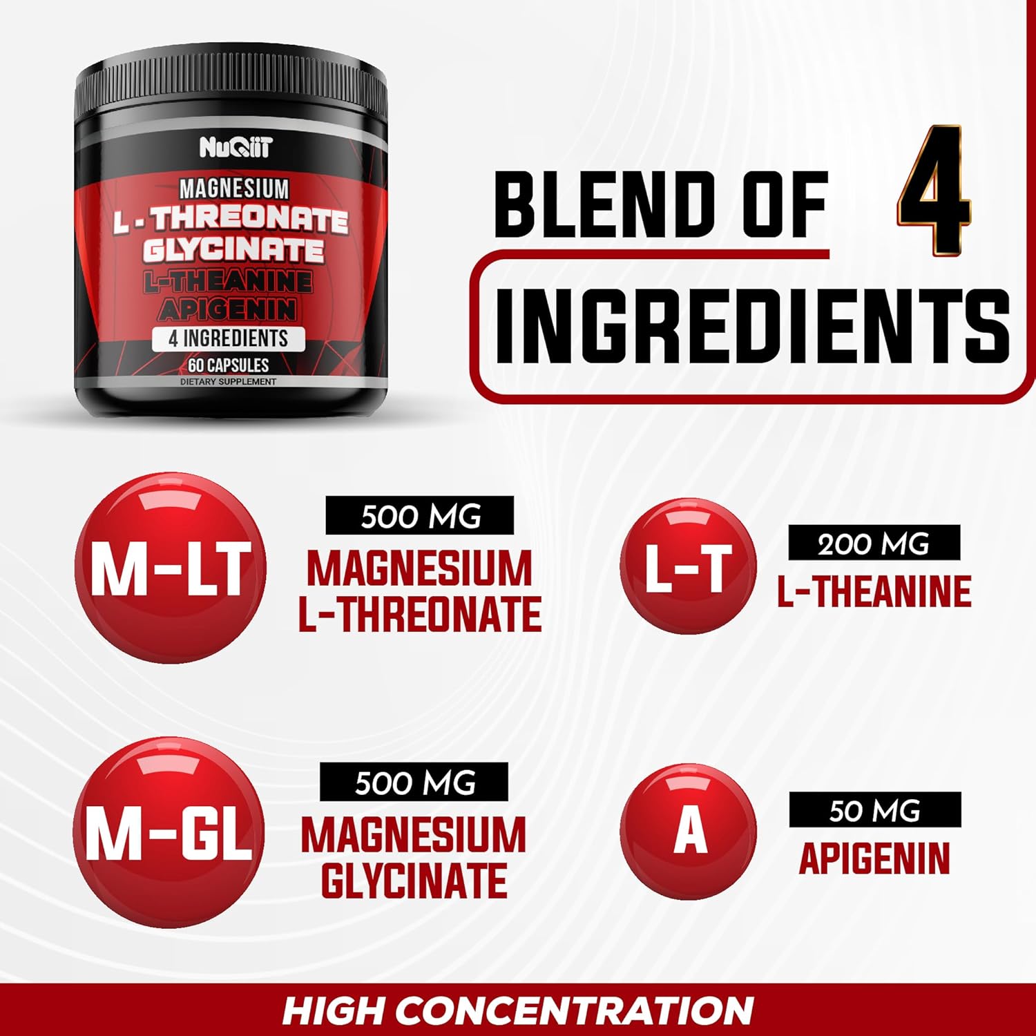 Magnesium L-Threonate Capsules with Glycinate, L-Theanine, and Apigenin - Supports Mood, Immune System, Brain Health, Focus - 60 Capsules