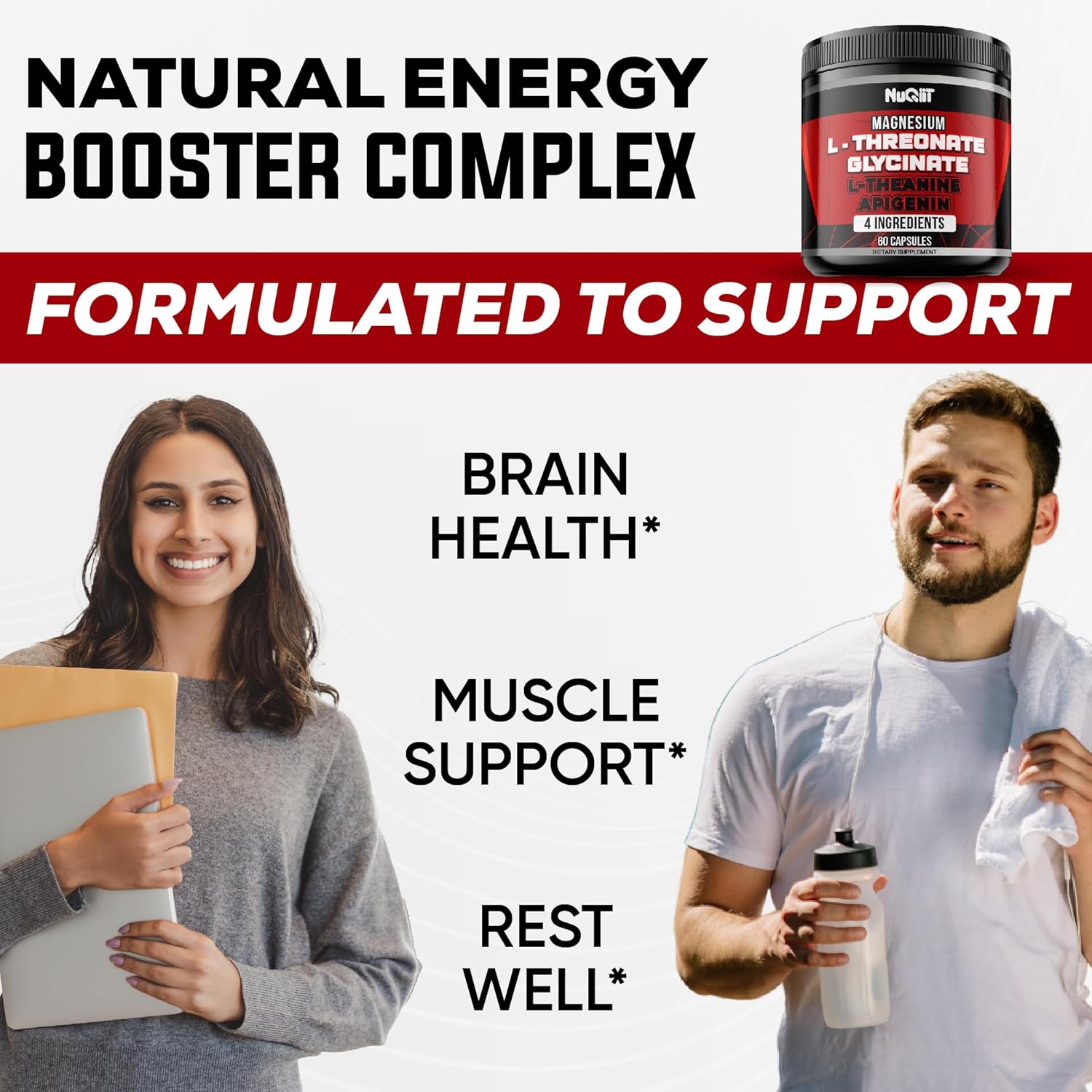 Magnesium L-Threonate Capsules with Glycinate, L-Theanine, and Apigenin - Supports Mood, Immune System, Brain Health, Focus - 60 Capsules