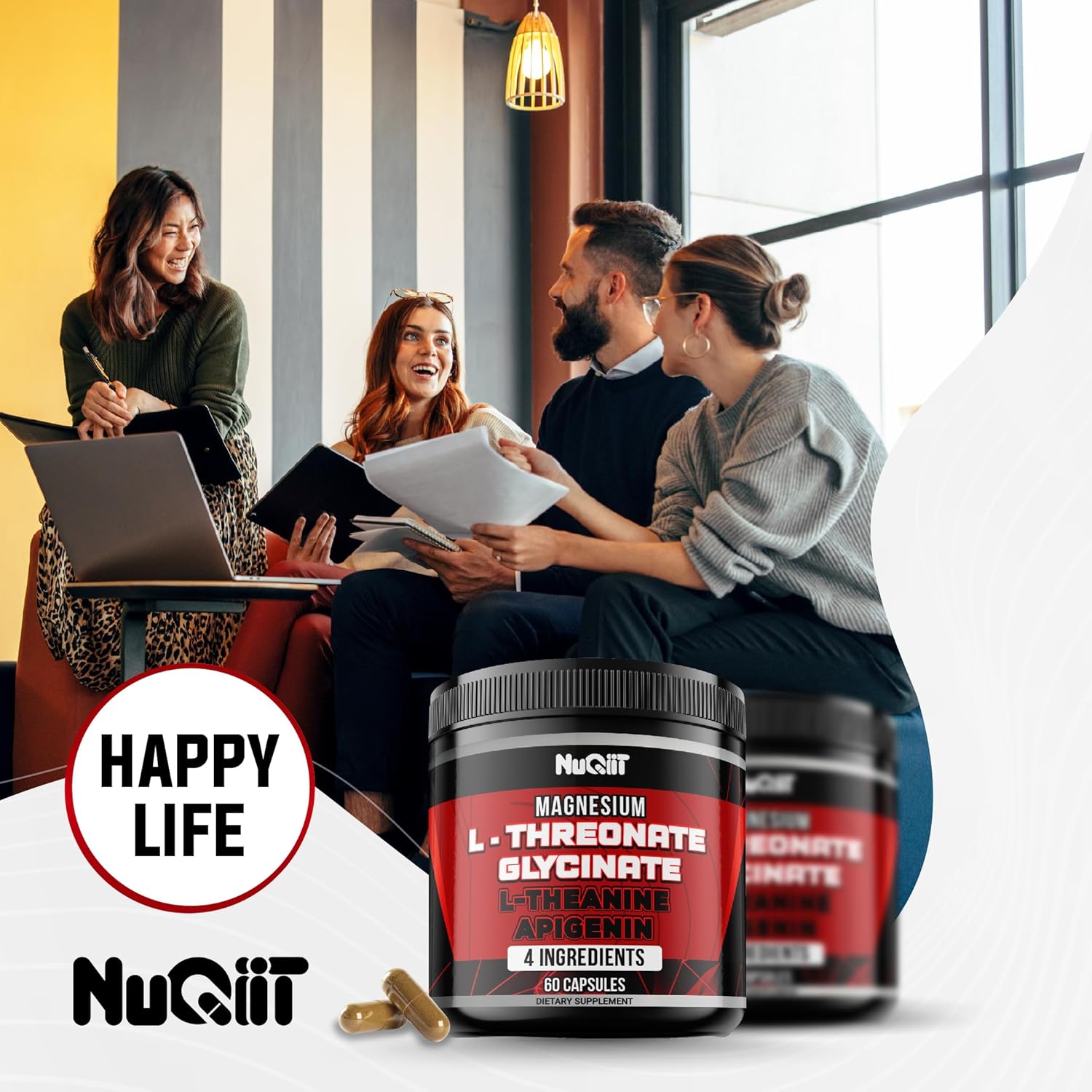 Magnesium L-Threonate Capsules with Glycinate, L-Theanine, and Apigenin - Supports Mood, Immune System, Brain Health, Focus - 60 Capsules