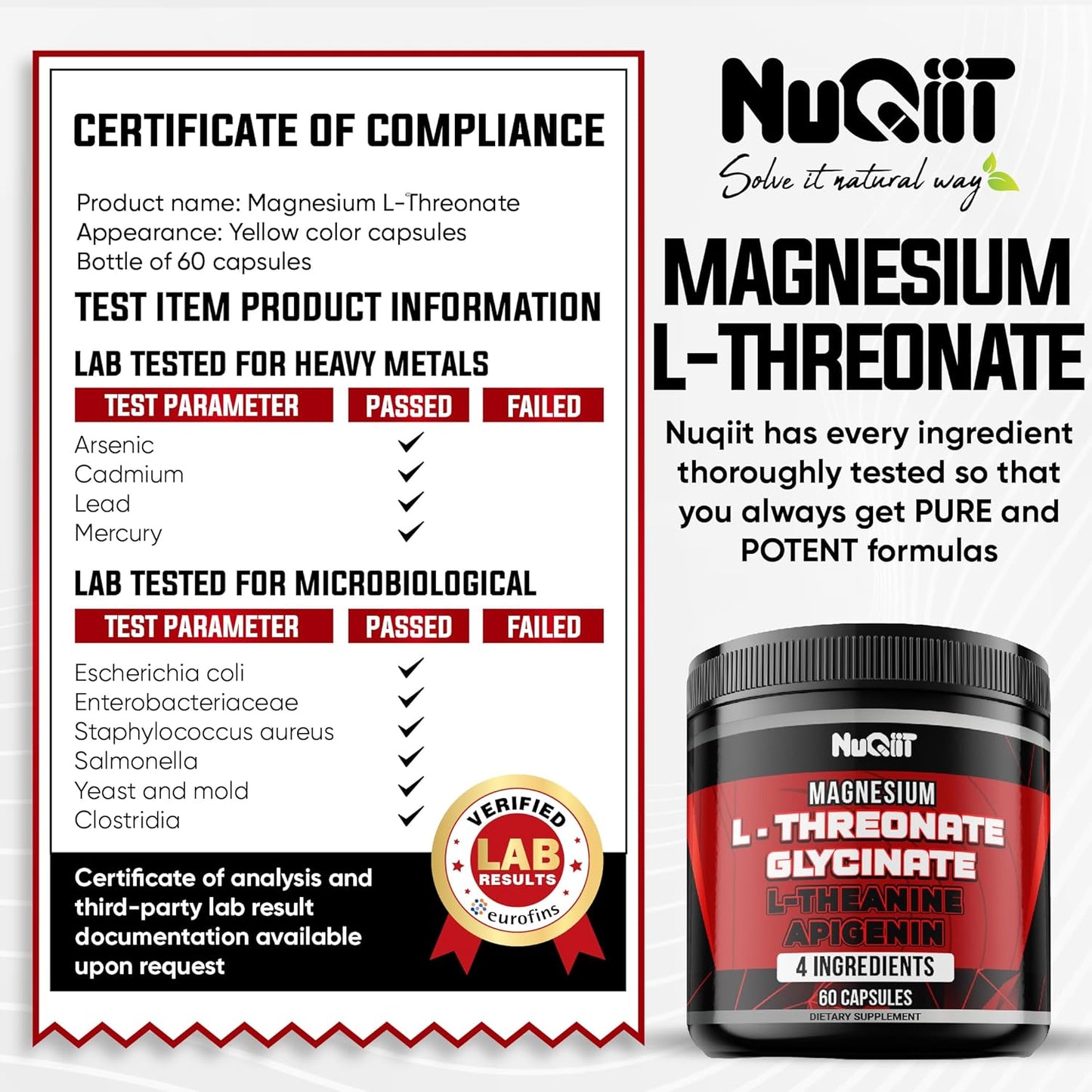 Magnesium L-Threonate Capsules with Glycinate, L-Theanine, and Apigenin - Supports Mood, Immune System, Brain Health, Focus - 60 Capsules