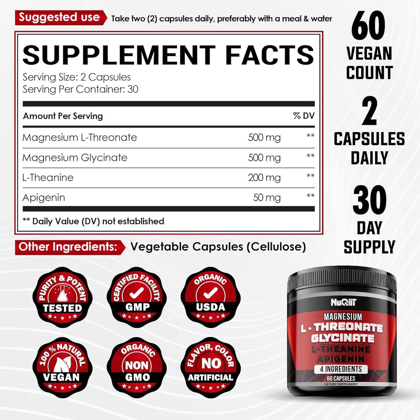 Magnesium L-Threonate Capsules with Glycinate, L-Theanine, and Apigenin - Supports Mood, Immune System, Brain Health, Focus - 60 Capsules
