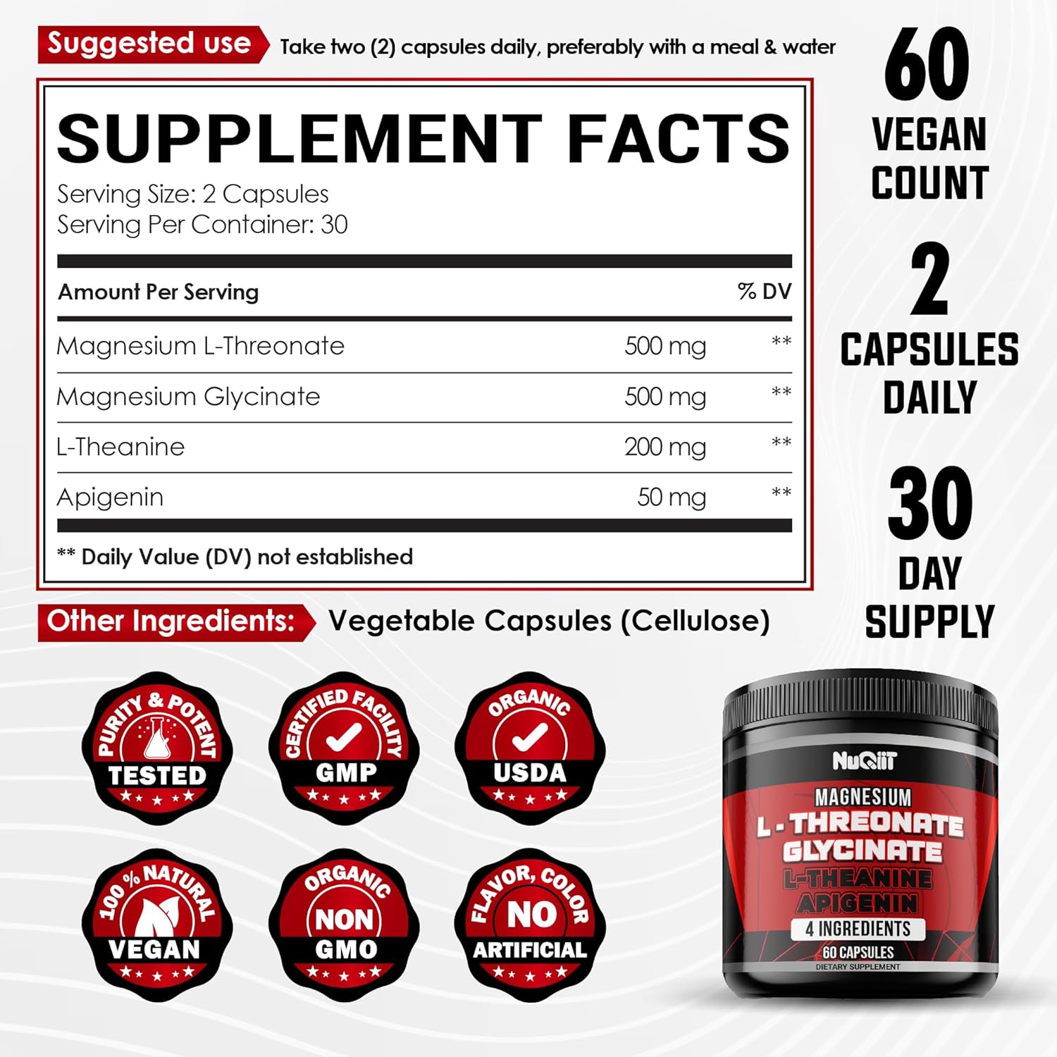 Magnesium L-Threonate Capsules with Glycinate, L-Theanine, and Apigenin - Supports Mood, Immune System, Brain Health, Focus - 60 Capsules