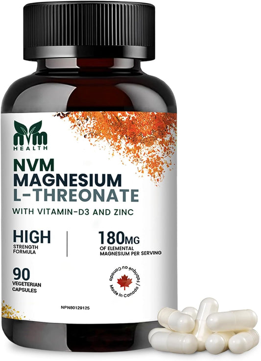 Magnesium L-Threonate with Vitamin D3, Zinc for Sleep & Immune Support - 90 Vegetarian Capsules | Gluten-Free, Non-GMO
