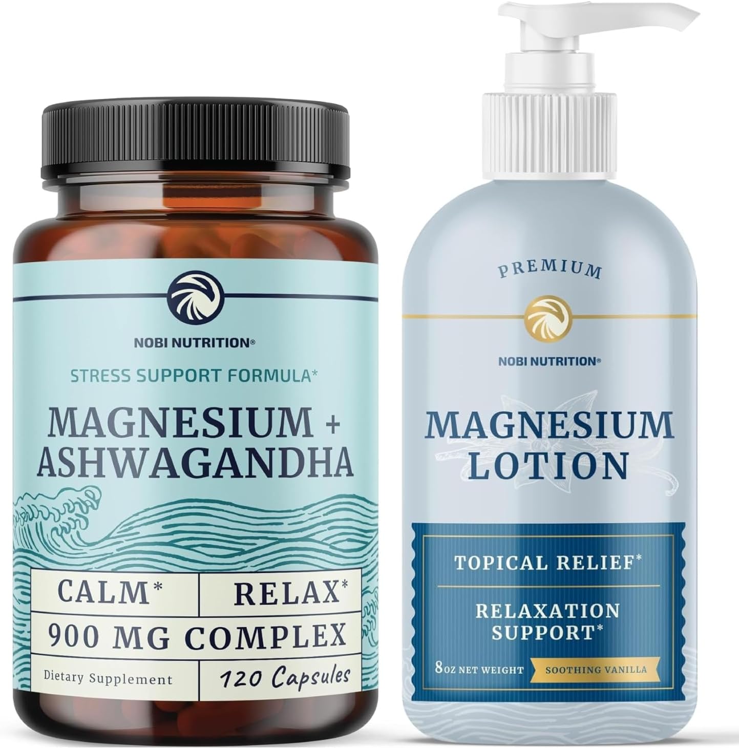 Magnesium Lotion & Ashwagandha Supplement Combo for Full Body Support - Topical Magnesium & Complex Pills for Mind & Body - 2 Month Supply