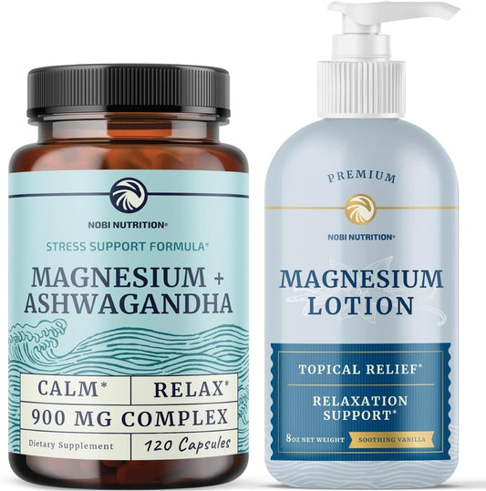 Magnesium Lotion & Ashwagandha Supplement Combo for Full Body Support - Topical Magnesium & Complex Pills for Mind & Body - 2 Month Supply