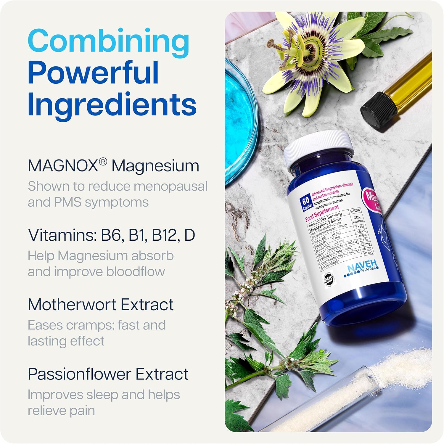 Magnesium Menopause and PMS Support Supplement for Women - High-Absorption Magnesium Complex with Vitamins - 60 Capsules
