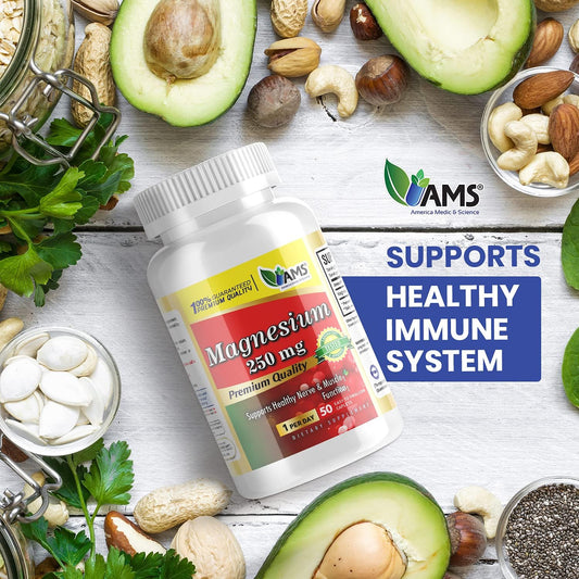 Magnesium Oxide Supplement 250mg (50 Caplets) for Nerve & Muscle Health - America Medic & Science - 1 Bottle Pack - Men & Women - Exercise Performance Booster